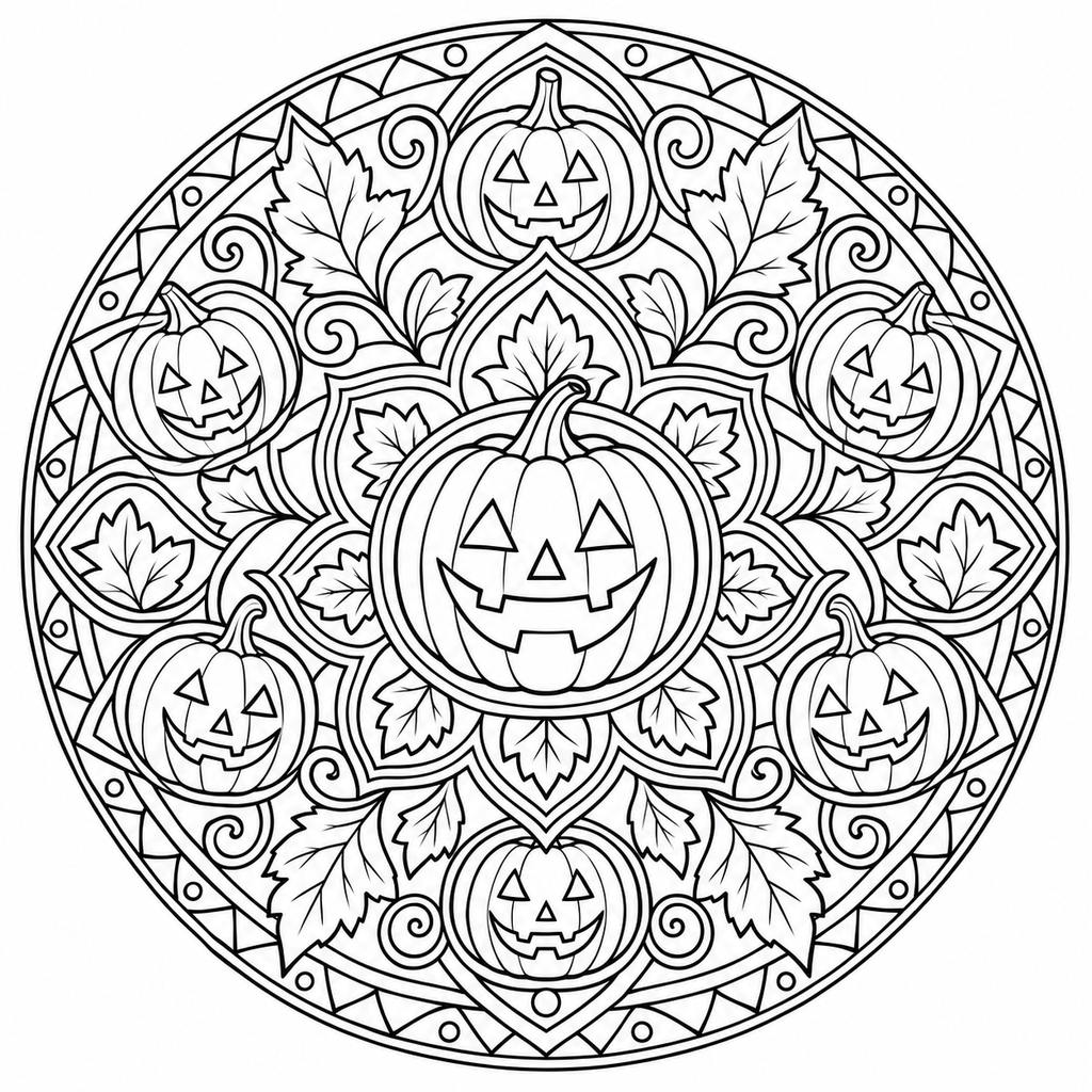 Pack 10 Mandalas Halloween à Colorier – Pages Coloriage Adulte Citrouille PNG | Téléchargement Instantané
