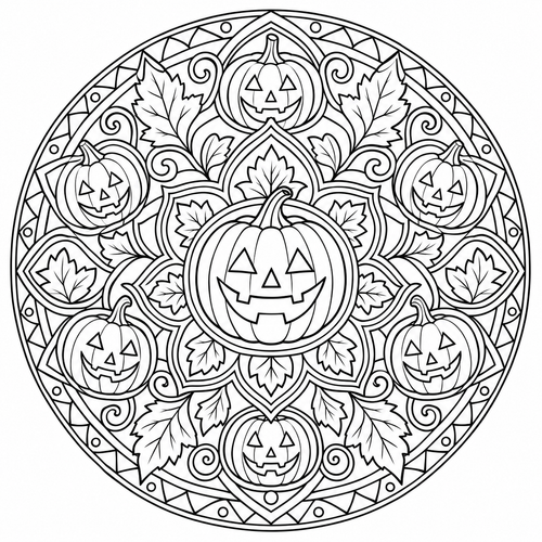 Pack 10 Mandalas Halloween à Colorier – Pages Coloriage Adulte Citrouille PNG | Téléchargement Instantané
